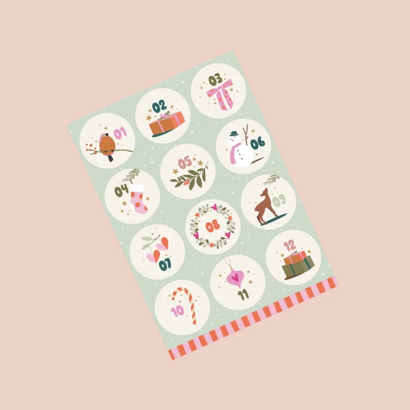 Adventskalender stickers kerst a5 1 vel 12